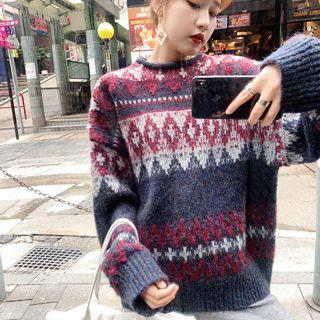 Patterned Sweater Rhombus - Red & Grayish Blue - One Size