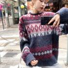 Patterned Sweater Rhombus - Red & Grayish Blue - One Size
