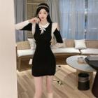 Long-sleeve Cold Shoulder Bow Knit Mini Bodycon Dress Black - One Size