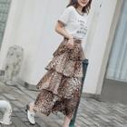 Set: Short-sleeve Lettering T-shirt + Leopard Print Tiered Midi Skirt