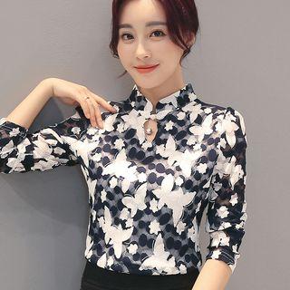 Long-sleeve Keyhole-front Blouse
