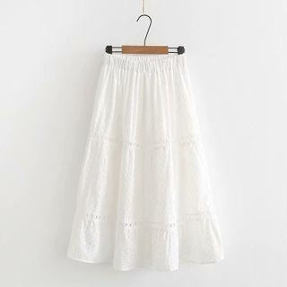 Elastic-waist Lace-trim A-line Skirt White - One Size