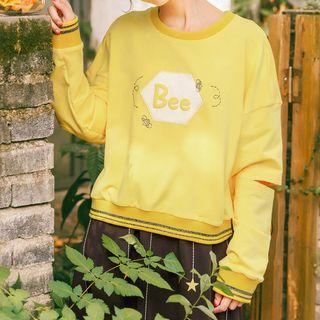 Distressed Sleeve Bee Embroidered Sweater