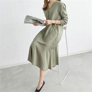 V-neck Long-sleeve Ruffle-hem Buttoned Long Dress
