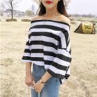 Off-shoulder Elbow-sleeve Stripe Top