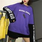 Long-sleeve Lettering Panel T-shirt Purple - One Size