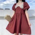 Puff-sleeve Bow Midi A-line Dress Wine Red - One Size