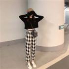 Set: Crew-neck Long-sleeve T-shirt + Checked Cropped Straight-fit Pants