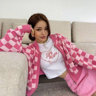 Checkered Zip-up Cardigan