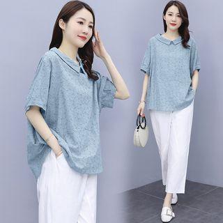 Set: Short-sleeve Lace Blouse + Straight Leg Pants