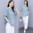Set: Short-sleeve Lace Blouse + Straight Leg Pants