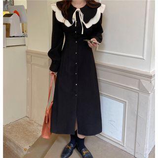 Long-sleeve Color Block Collar Tie-neck Midi Dress