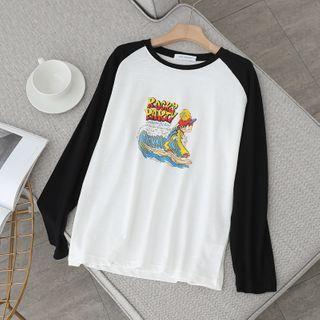 Cartoon Print Long-sleeve Raglan T-shirt As Shown In Figure - One Size