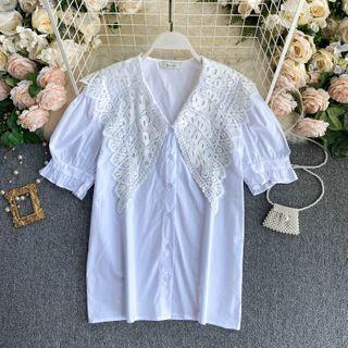 Cutout Lace Collar Panel Shirt White - One Size