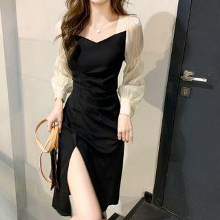 Long-sleeve Sweetheart Two-tone Slit Sheath Dress