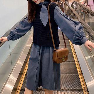 Set: Tie Neck Shirt Dress + Crew-neck Knit Vest