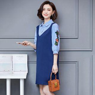 Embroidered 3/4-sleeve Mock Two-piece Dress