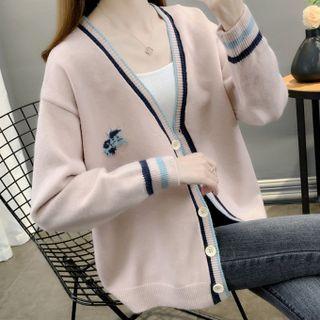 Cartoon Embroidered Contrast Trim Cardigan