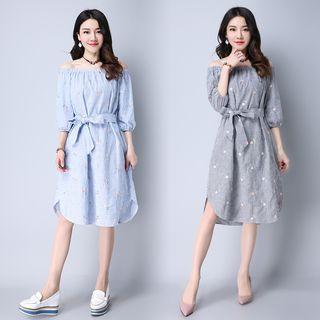 Flower Embroidered Striped Off Shoulder 3/4 Sleeve Dress