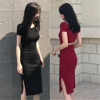 Short-sleeve Cutout-back Slit Midi Bodycon Dress