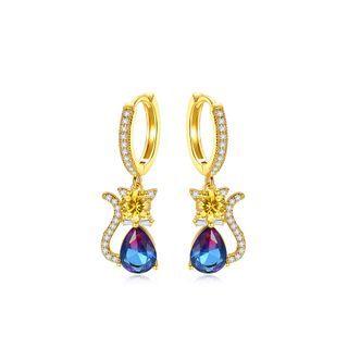 Simple And Cute Plated Gold Cat Earrings With Colorful Cubic Zirconia Golden - One Size