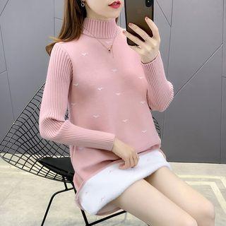 Long-sleeve Mock-neck Print Knit Mini Dress