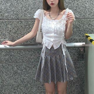 Short-sleeve Drawstring Ruffle-trim Top / Plaid Pleated Mini Skirt
