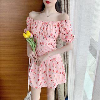 Peach Print Short-sleeve Mini A-line Dress