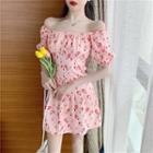 Peach Print Short-sleeve Mini A-line Dress