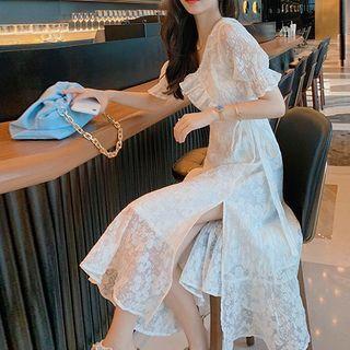 Ruffle Trim V-neck Midi A-line Dress