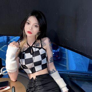 Checkered Cropped Camisole Top / Spaghetti Strap Checkered Mini Sheath Dress