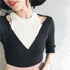 Cut Out Shoulder Elbow-sleeve Rib-knit Top