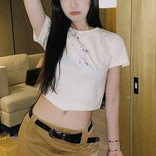 Cat Print Cropped T-shirt White - One Size