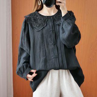 Puff-sleeve Lace Collar Shirt Black - One Size