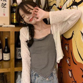 Plaid Asymmetrical Camisole Top / Long-sleeve Tie-strap Cropped Cardigan