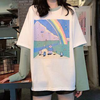 Mock Two-piece Cartoon Print Sweatshirt As Shown In Figure - One Size