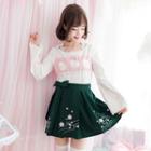 Embroidered Cutout Shoulder Long-sleeve Top / Skirt