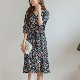 Notched-neckline Floral Midi Dress