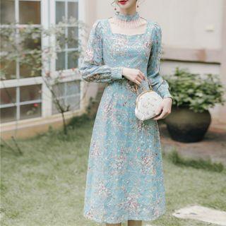 Long-sleeve Square Neck Cutout Floral Midi A-line Dress