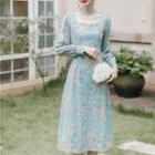 Long-sleeve Square Neck Cutout Floral Midi A-line Dress