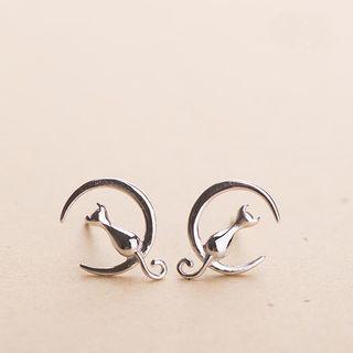 925 Sterling Silver Moon & Cat Earring 1 Pair - As Shown In Figure - One Size