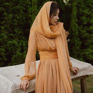 Plain V-neck Puff-sleeve Maxi Dress / Plain Scarf
