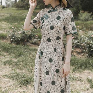 Short-sleeve Mandarin Collar Dotted Midi A-line Dress