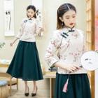 Long-sleeve Floral Print Qipao Top / Midi A-line Skirt / Set