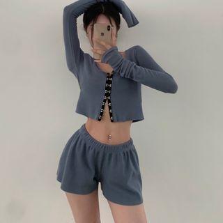 Long-sleeve Contrast Trim T-shirt / Shorts / Set