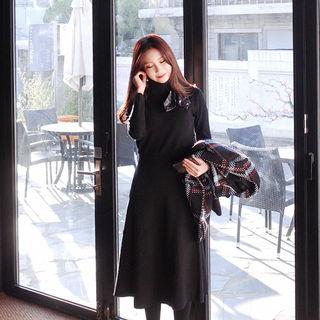 Set: Turtle-neck Sweater With Scarf + Knit Skirt