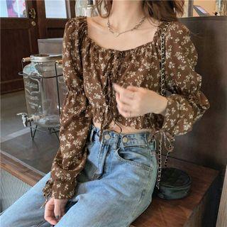 Square-neck Drawstring Floral Blouse