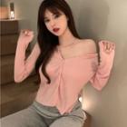 Long-sleeve Button-up Top Pink - One Size