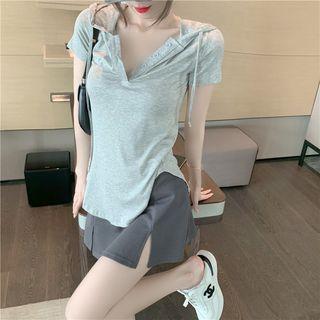 Short-sleeve Hooded Henley T-shirt / Skort