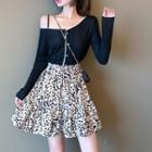 Lace Trim Cardigan / Leopard Print Mini A-line Skirt / Set